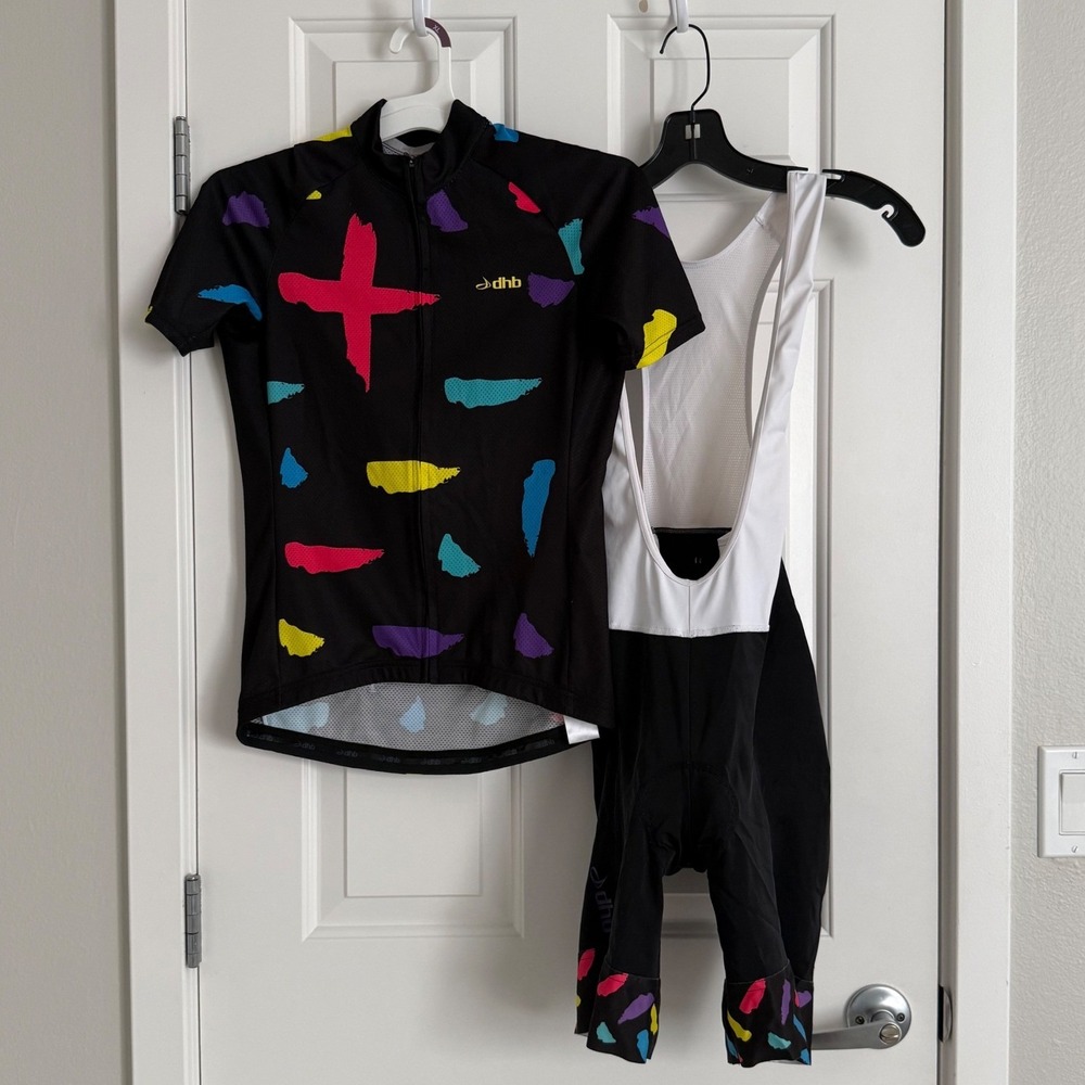 dhb Blok Women's Cycling Jersey & Bib Shorts Kit Set Black Multicolor UK 12 US M